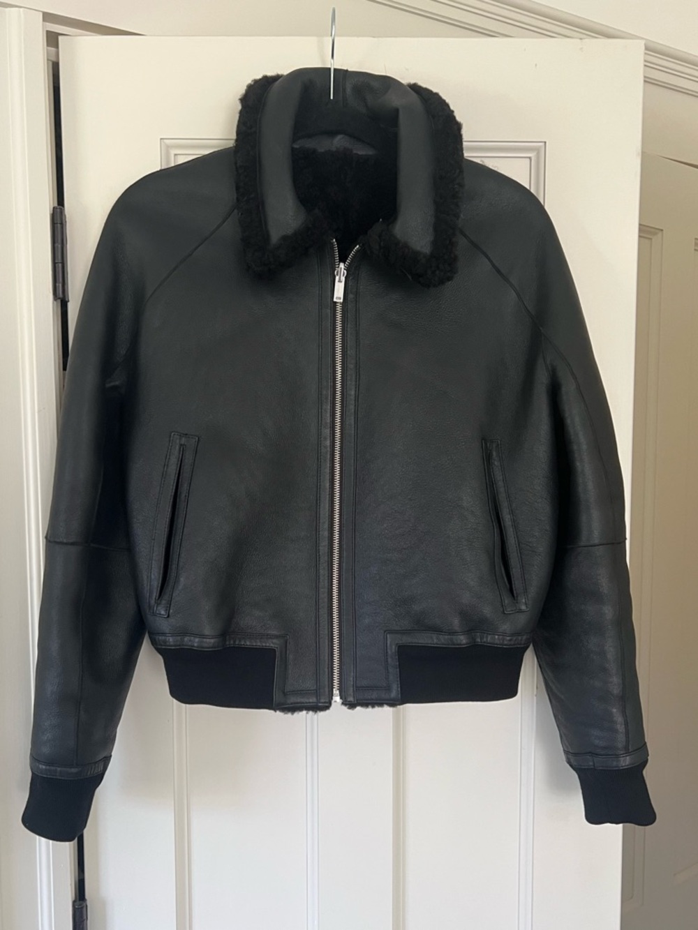 Theory Black Leather-Shearling Bomber Jacket